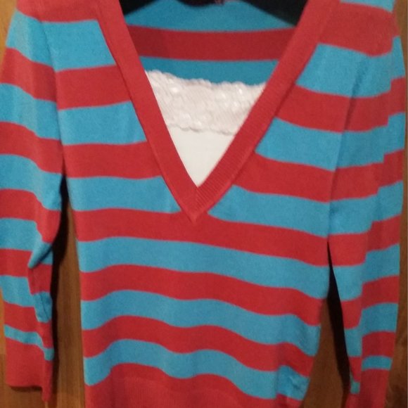 Red and Turquoise Striped Sweatshirt - Picture 2 of 6
